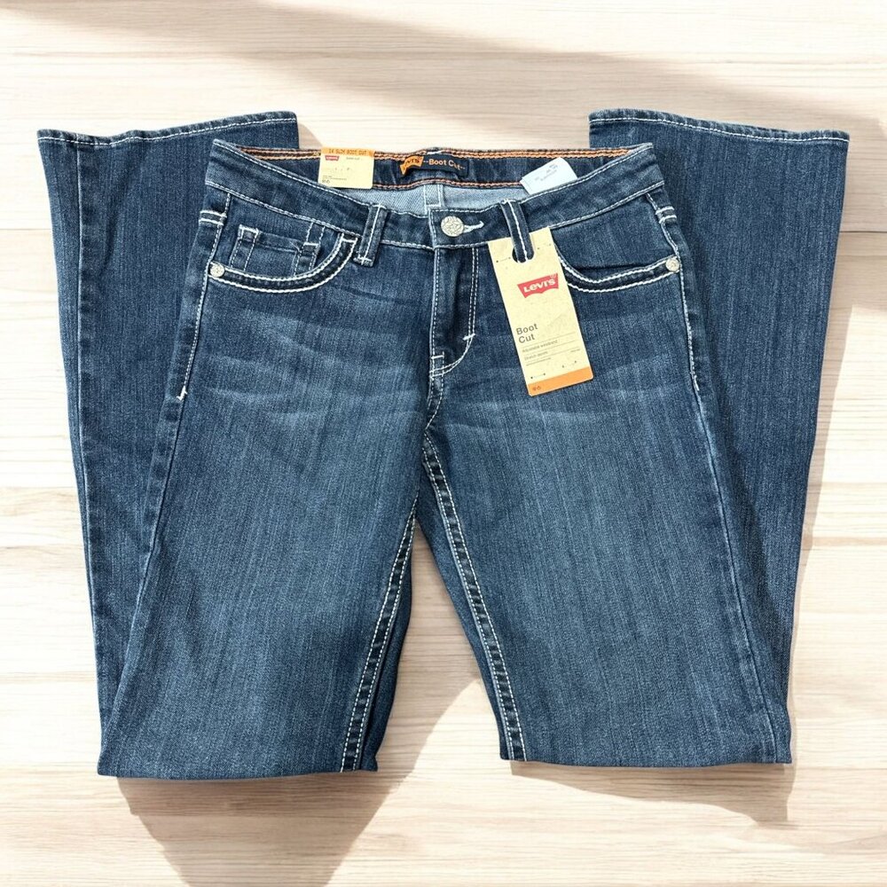 NEW Levis Bootcut Jeans Girls 14 Slim Dark Wash Denim Kids Stretch Summer Style - Picture 2 of 12